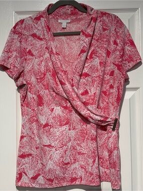 Charter Club Pink and White Surplice Short-Sleeve Top